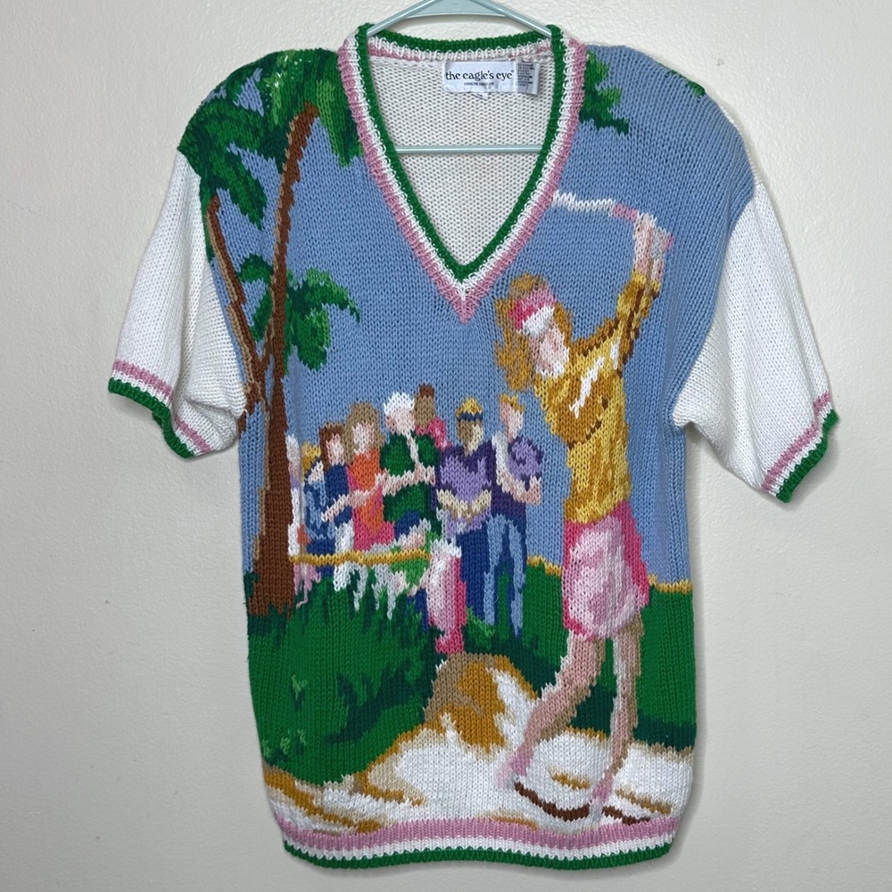 Vintage Eagle's Eye Sweater Golf Scene 90s Blue Short Sleeve Knit V-Neck Medium
